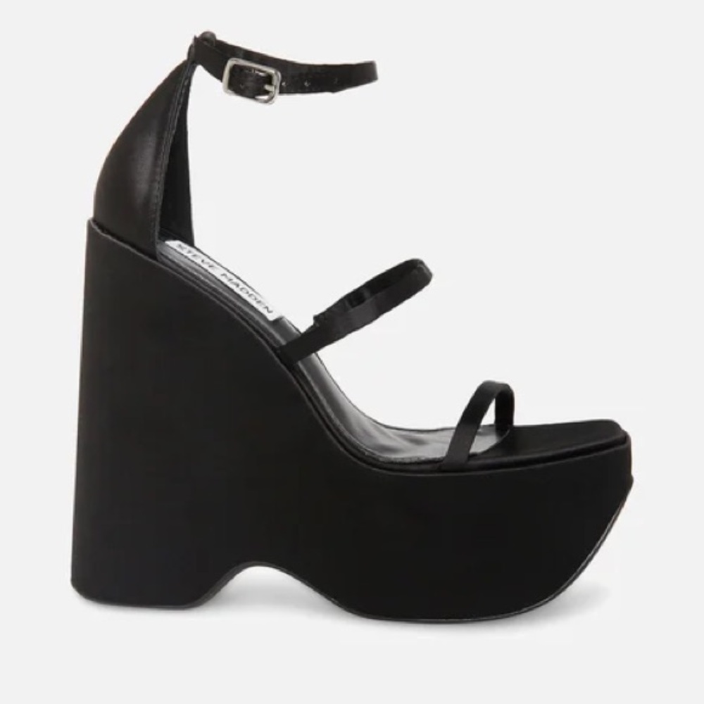 Satin Black Platform Wedge Sandals